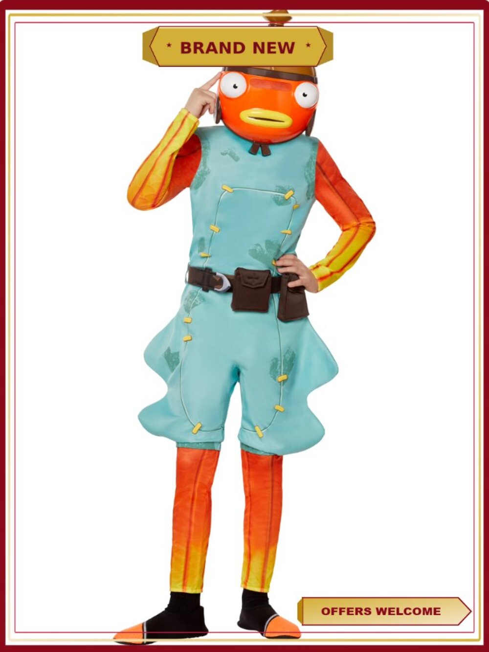 Fortnite Fishstick 5pc Halloween Costume Boys Size L Jumpsuit Mask Belt Cosplay